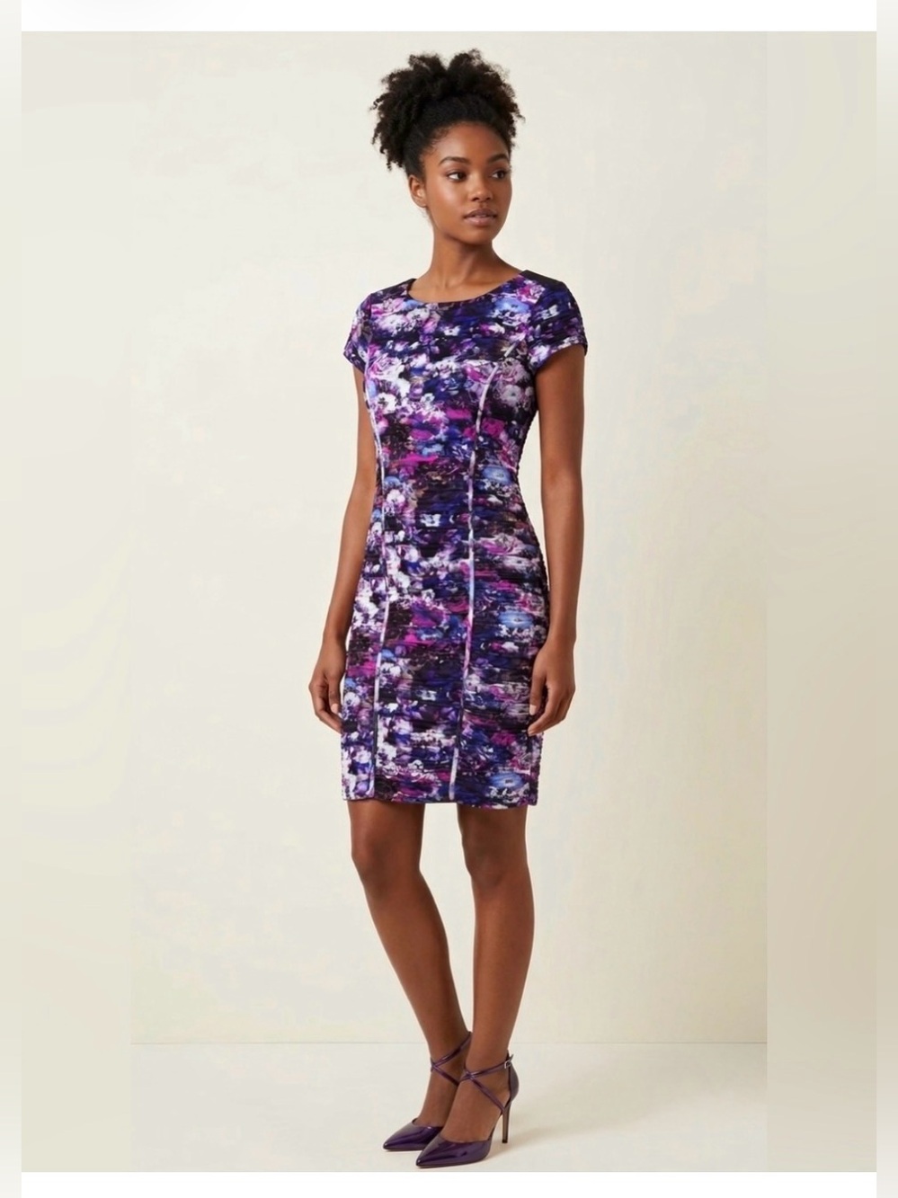 Cache Ruched Bodycon Purple Blue Floral pencil Sheath Dress